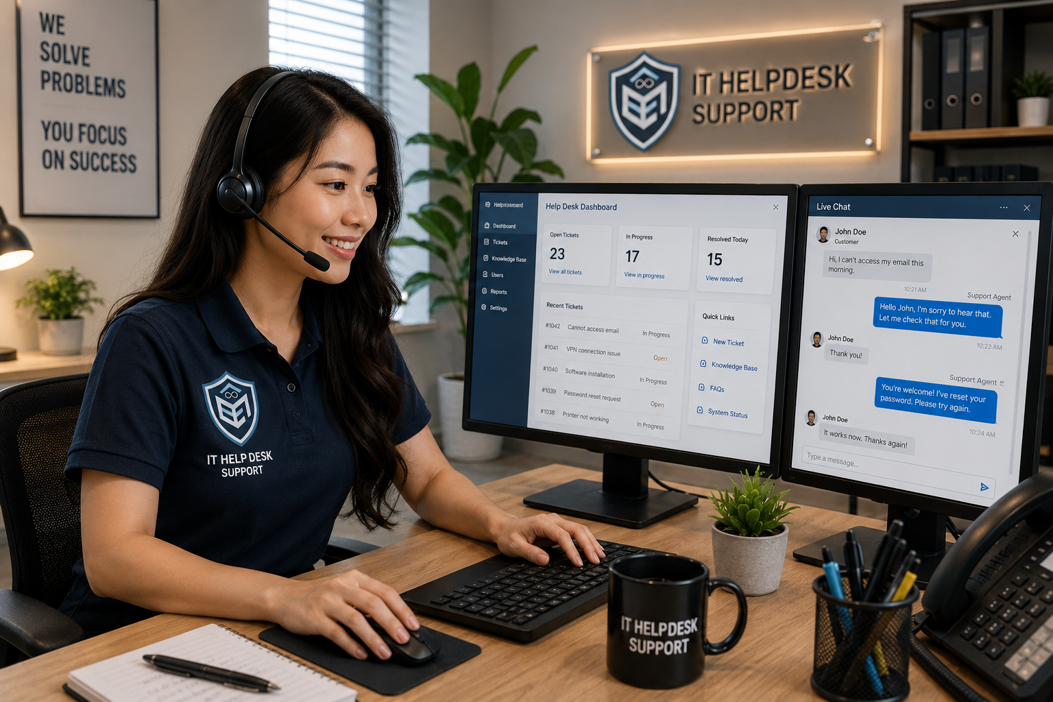 IT helpdesk support agent working with support dashboard and live chat